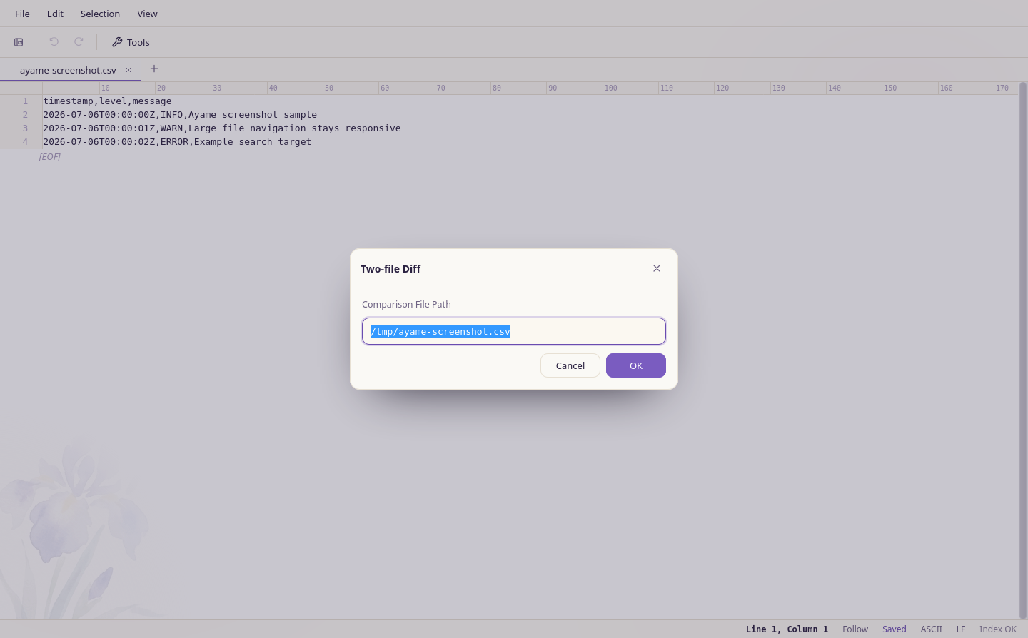 Ayame Editor two-file diff dialog