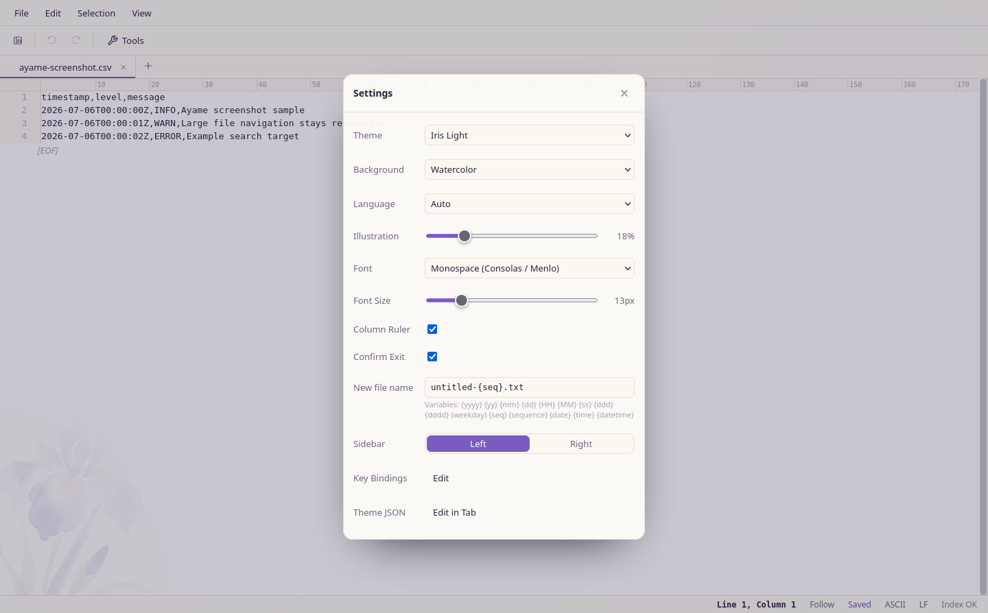 Ayame Editor settings dialog